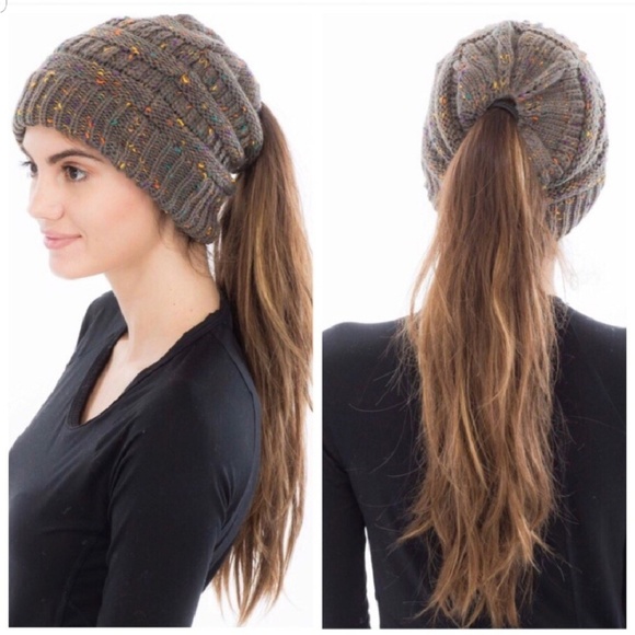 ⬇️⬇️ Messy Bun Ponytail Chunky Knit Beanie Hat - Picture 3 of 4